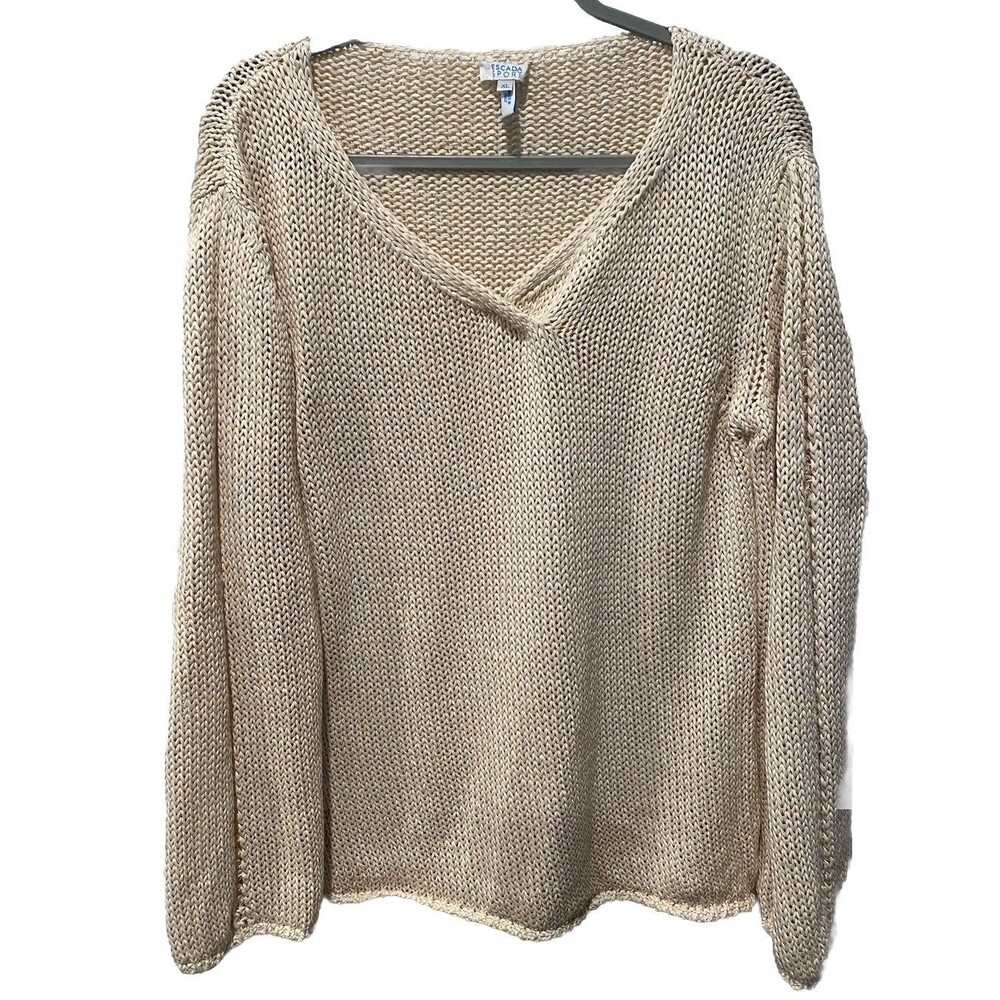 Escada Sport ecru crochet Cable Knit Sweater Size XL made in Italy